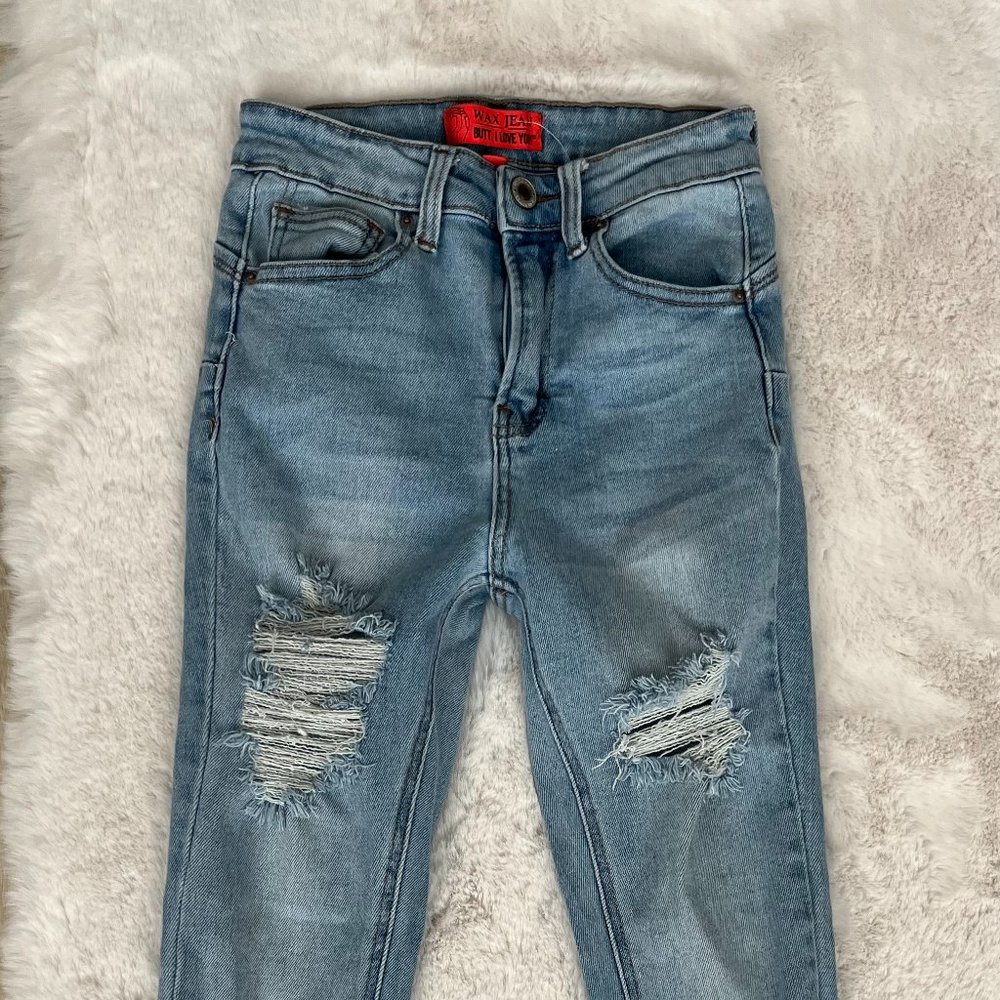 Wax Jean Butt I Love You Skinny Leg Jeans Distressed Mid Rise Medium Wash